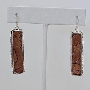 Silpada Rare PB Sterling Silver Brown Tooled Leather Rectangle Earrings  #W1013